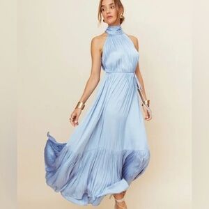 NWT Navy Blue satin halter tie neck tiered maxi dress M